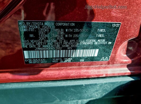 JTMABABA0PA012552 2023 SUBARU SOLTERRA Red 