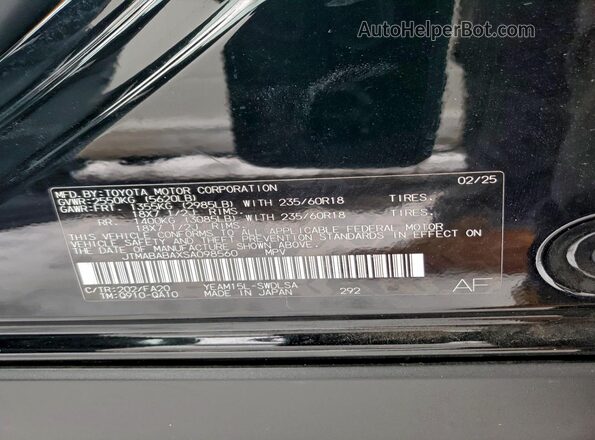 JTMABABAXSA098560 2025 SUBARU SOLTERRA Черный Вид наклейки с VIN-кодом