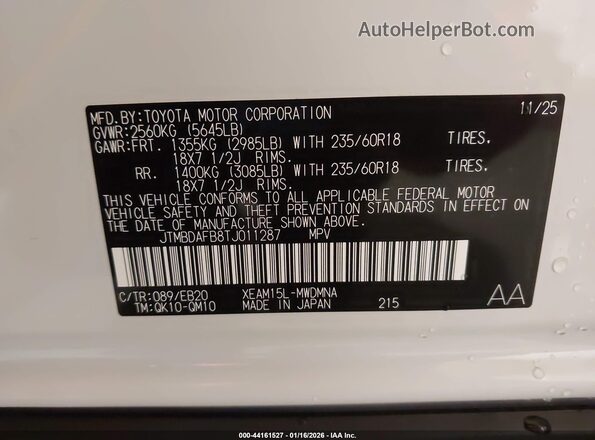 JTMBDAFB8TJ011287 2026 TOYOTA BZ White ძრავის განყოფილების ხედი