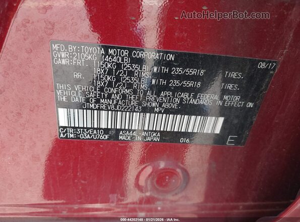 JTMDFREV8JD222143 2018 TOYOTA LIMITED Red Vista del compartimento del motor