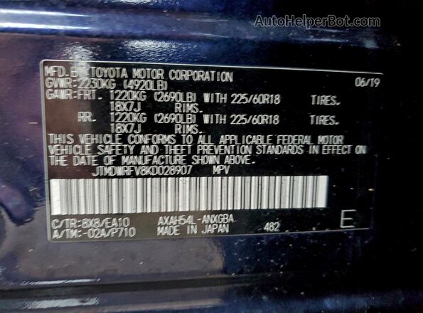 JTMDWRFV8KD028907 2019 TOYOTA LIMITED Blue Вид наклейки з VIN-кодом
