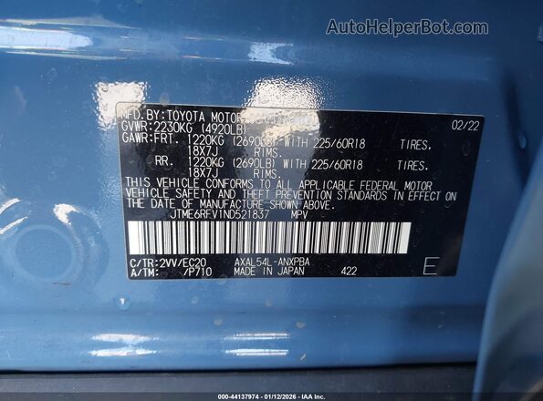 JTME6RFV1ND521837 2022 TOYOTA RAV4 HYBRID Blue Вид підкапотного простору