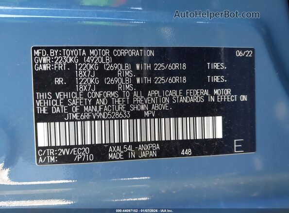JTME6RFV9ND528633 2022 TOYOTA RAV4 HYBRID Blue Vista del compartimento del motor