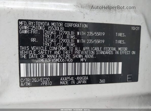JTMEB3FV5MD067406 2021 TOYOTA RAV4 PRIME White Engine compartment view