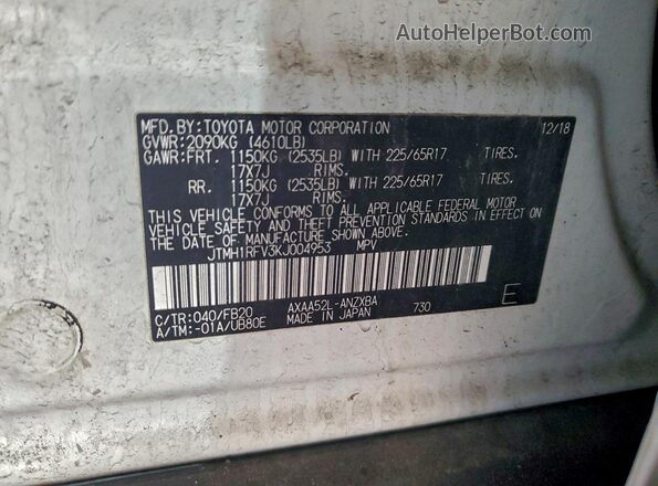 JTMH1RFV3KJ004953 2019 TOYOTA LE White Vista de la etiqueta del VIN
