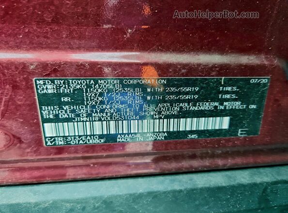 JTMN1RFV0LD531044 2020 TOYOTA LIMITED Burgundy Widok komory silnika