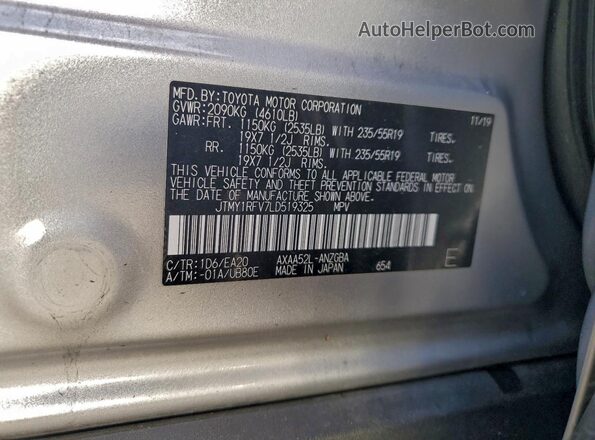 JTMY1RFV7LD519325 2020 TOYOTA LIMITED Silver VIN sticker view