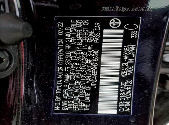 JTND4MBE9N3186340 2022 TOYOTA LL Black Vista de la etiqueta del VIN