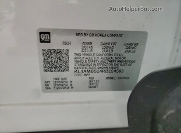 KL4AMBS24RB194563 2024 BUICK ENCORE White Vista de la etiqueta del VIN