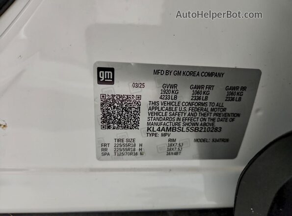 KL4AMBSL5SB210283 2025 BUICK ENCORE White VIN կոդի պիտակի տեսք