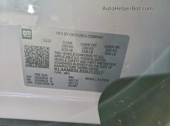 KL4AMBSL8SB213517 2025 BUICK ENCORE White VIN კოდის სტიკერის ხედი