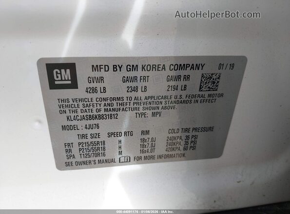 KL4CJASB6KB831812 2019 BUICK ENCORE White Engine compartment view