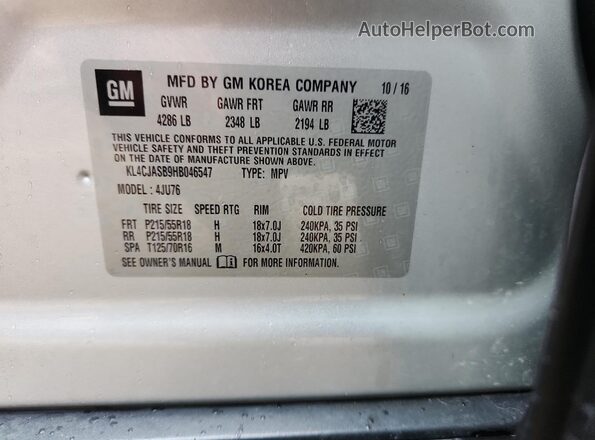KL4CJASB9HB046547 2017 BUICK ENCORE Silver ძრავის განყოფილების ხედი