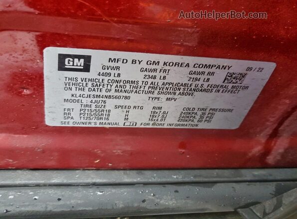 KL4CJESM4NB560780 2022 BUICK ENCORE Бордовый Вид наклейки с VIN-кодом