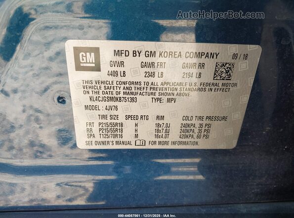 KL4CJGSM0KB751393 2019 BUICK ENCORE Blue Widok komory silnika