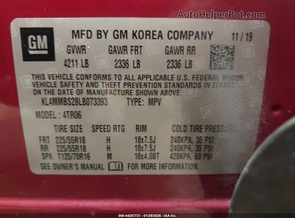 KL4MMBS28LB073393 2020 BUICK ENCORE Красный Вид подкапотного пространства