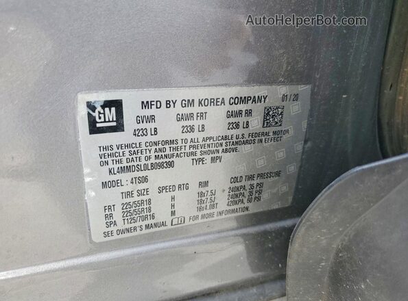 KL4MMDSL0LB098390 2020 BUICK ENCORE Gray VIN კოდის სტიკერის ხედი