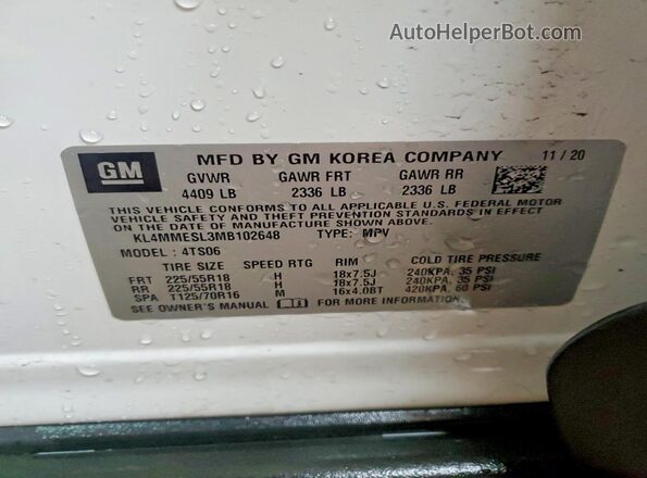 KL4MMESL3MB102648 2021 BUICK ENCORE Белый Вид наклейки с VIN-кодом