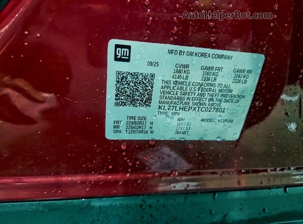 KL77LHEPXTC027801 2026 CHEVROLET TRAX Red VIN კოდის სტიკერის ხედი
