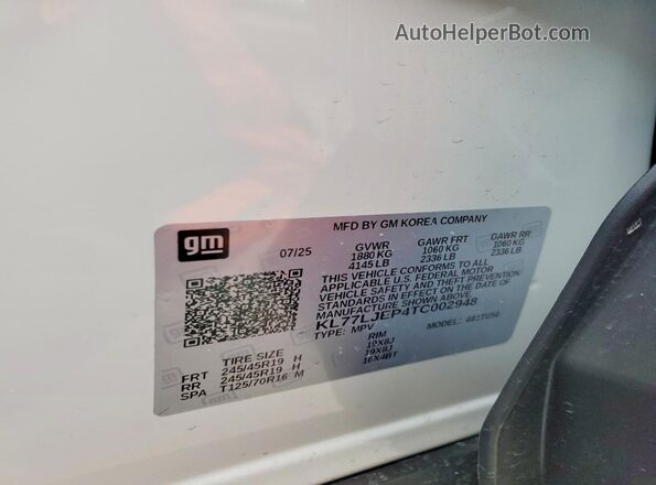 KL77LJEP4TC002948 2026 CHEVROLET TRAX White Вид наклейки з VIN-кодом