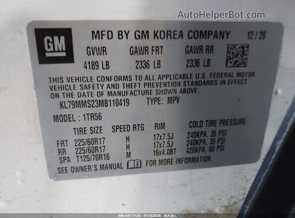 KL79MMS23MB110419 2021 CHEVROLET TRAILBLAZER White Engine compartment view
