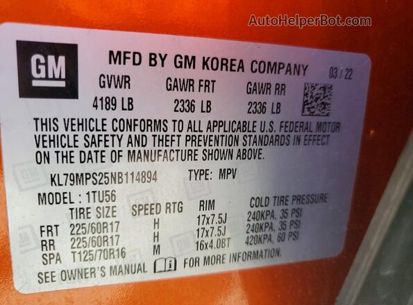 KL79MPS25NB114894 2022 CHEVROLET TRAILBLAZER Orange VIN կոդի պիտակի տեսք