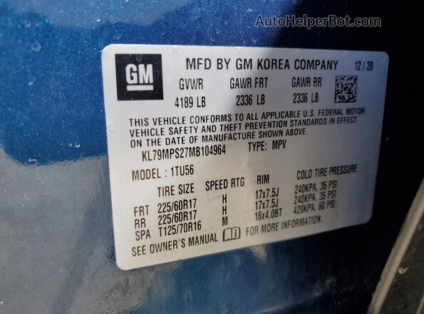 KL79MPS27MB104964 2021 CHEVROLET TRAILBLAZER Синий Вид наклейки с VIN-кодом