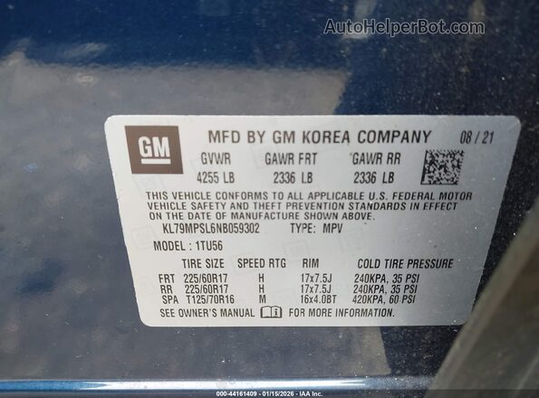 KL79MPSL6NB059302 2022 CHEVROLET TRAILBLAZER Navy Вид подкапотного пространства