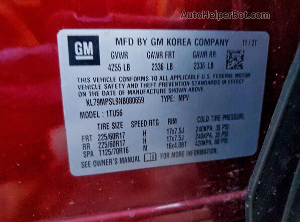 KL79MPSL9NB080659 2022 CHEVROLET TRAILBLAZER Red VIN sticker view