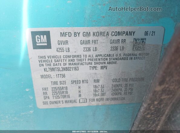 KL79MTSL3NB021163 2022 CHEVROLET TRAILBLAZER Light Blue Շարժիչի բաժամունքի տեսք