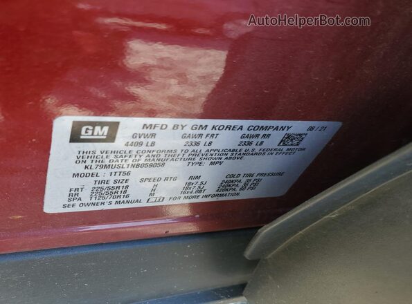 KL79MUSL1NB059058 2022 CHEVROLET TRAILBLAZER Burgundy VIN կոդի պիտակի տեսք