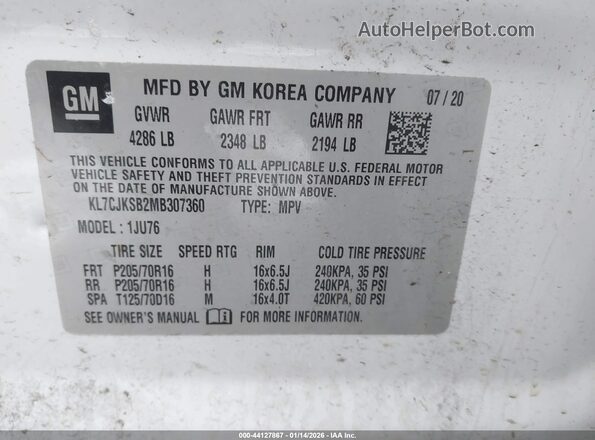 KL7CJKSB2MB307360 2021 CHEVROLET TRAX White Задня права чверть