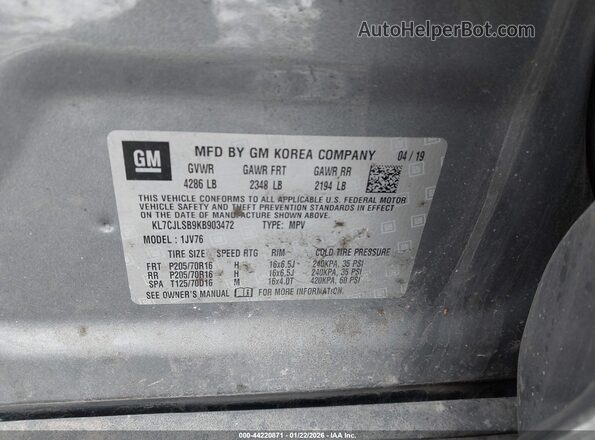 KL7CJLSB9KB903472 2019 CHEVROLET TRAX Gray Engine compartment view