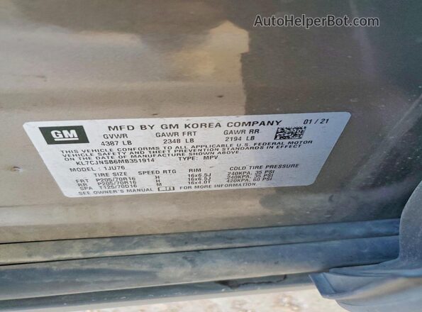 KL7CJNSB6MB351914 2021 CHEVROLET TRAX Gray VIN sticker view