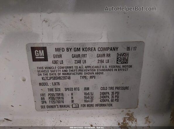 KL7CJPSB5HB220748 2017 CHEVROLET TRAX Silver ძრავის განყოფილების ხედი