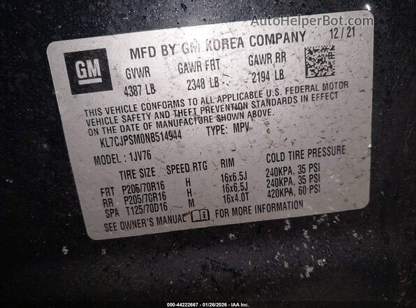 KL7CJPSM0NB514944 2022 CHEVROLET TRAX Black Engine compartment view