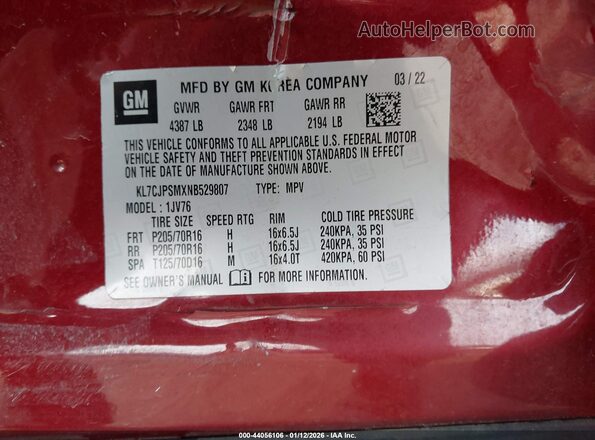 KL7CJPSMXNB529807 2022 CHEVROLET TRAX Maroon Engine compartment view