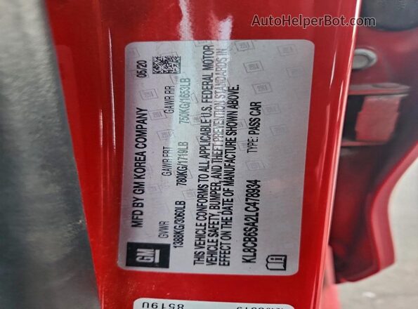 KL8CB6SA2LC478934 2020 CHEVROLET SPARK Красный Вид наклейки с VIN-кодом
