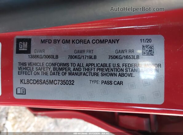KL8CD6SA5MC735032 2021 CHEVROLET SPARK Red 