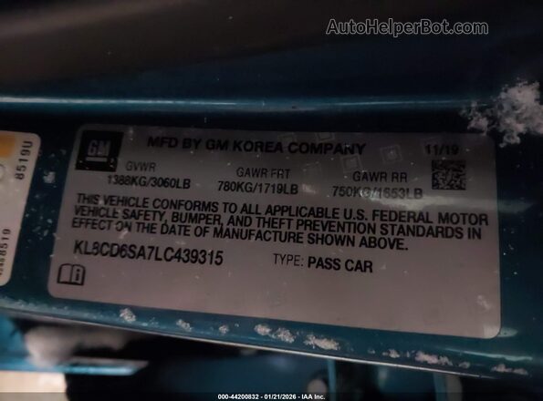 KL8CD6SA7LC439315 2020 CHEVROLET SPARK Blue Вид підкапотного простору