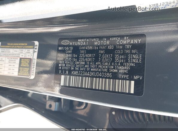 KM8J23A43KU040386 2019 HYUNDAI TUCSON Blue Vista del compartimento del motor