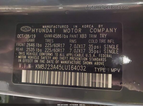 KM8J23A45LU164032 2020 HYUNDAI TUCSON Синий Вид подкапотного пространства