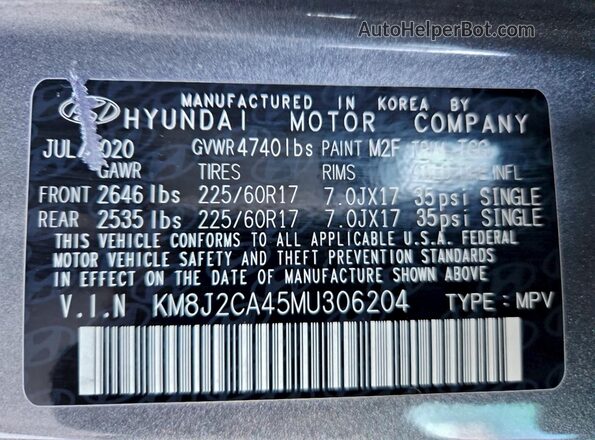 KM8J2CA45MU306204 2021 HYUNDAI TUCSON Gray 