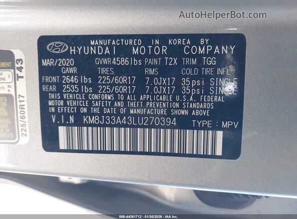 KM8J33A43LU270394 2020 HYUNDAI TUCSON Silver Vista del compartimento del motor