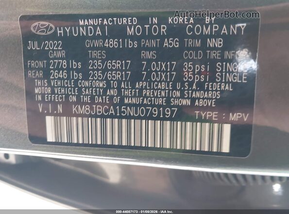 KM8JBCA15NU079197 2022 HYUNDAI TUCSON HYBRID Gray 