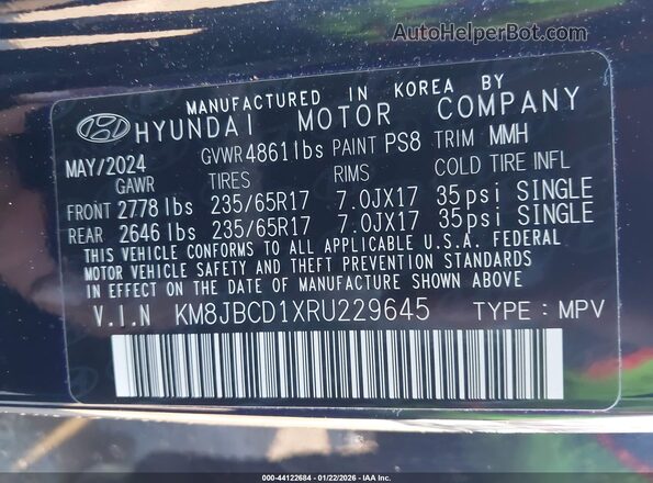 KM8JBCD1XRU229645 2024 HYUNDAI TUCSON HYBRID Dark Blue Вид підкапотного простору