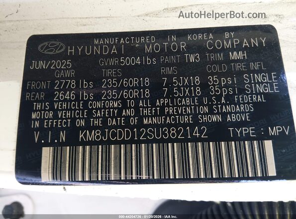 KM8JCDD12SU382142 2025 HYUNDAI TUCSON HYBRID White ძრავის განყოფილების ხედი