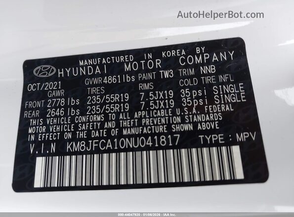 KM8JFCA10NU041817 2022 HYUNDAI TUCSON HYBRID White Vista del compartimento del motor