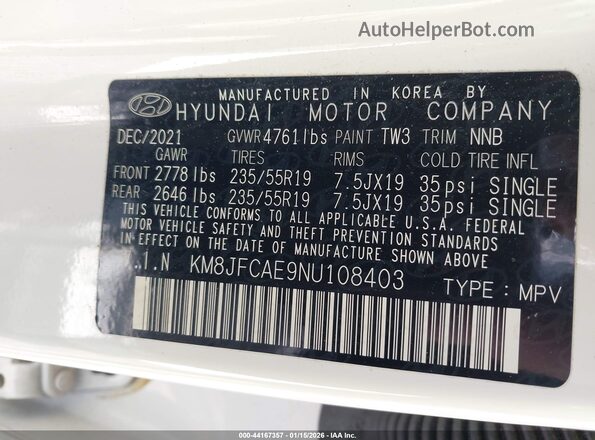 KM8JFCAE9NU108403 2022 HYUNDAI TUCSON White Widok komory silnika
