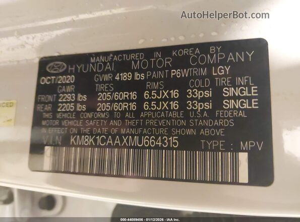 KM8K1CAAXMU664315 2021 HYUNDAI KONA White Вид підкапотного простору